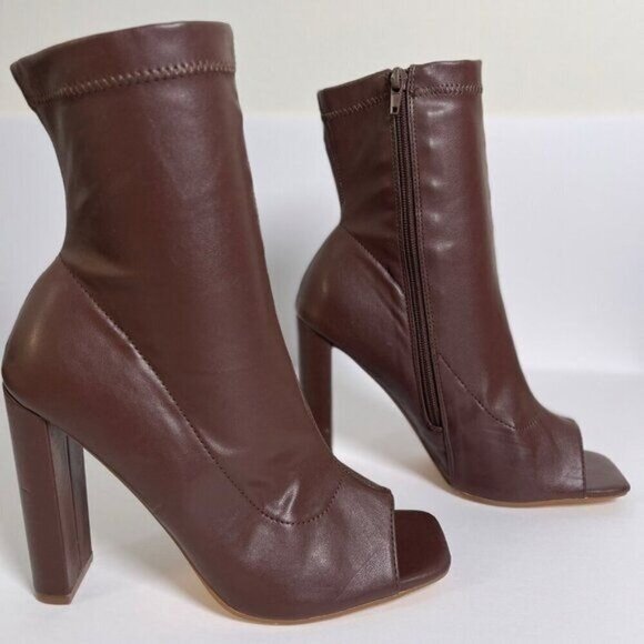 Liliana Womens Squared Open Toe Heel Booties Chunky Heel Inner Zipper Brown 8.5 - Picture 1 of 13